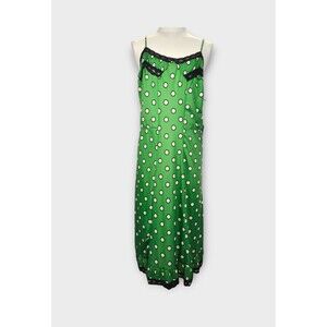 Jean Paul Gaultier Target Slip Dress In  Green Polka Dot Black Lace - XL